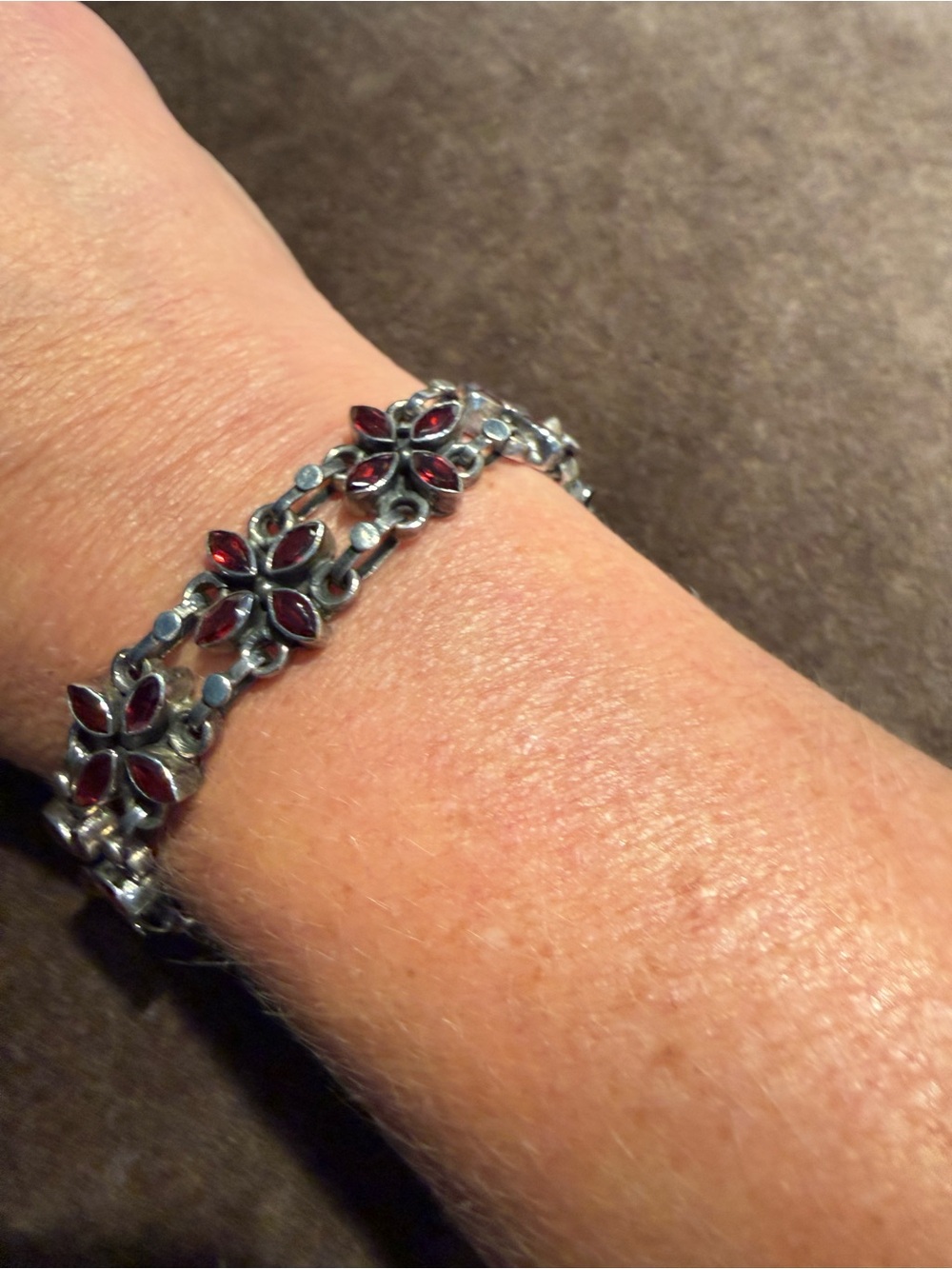 Sterling Silver Floral Garnet Bracelet - Red